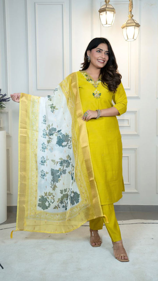 Lorenvalley Fashion Parotgreen Roman Silk Hand Work Kurta Pant with Dupatta - Swadesiicart