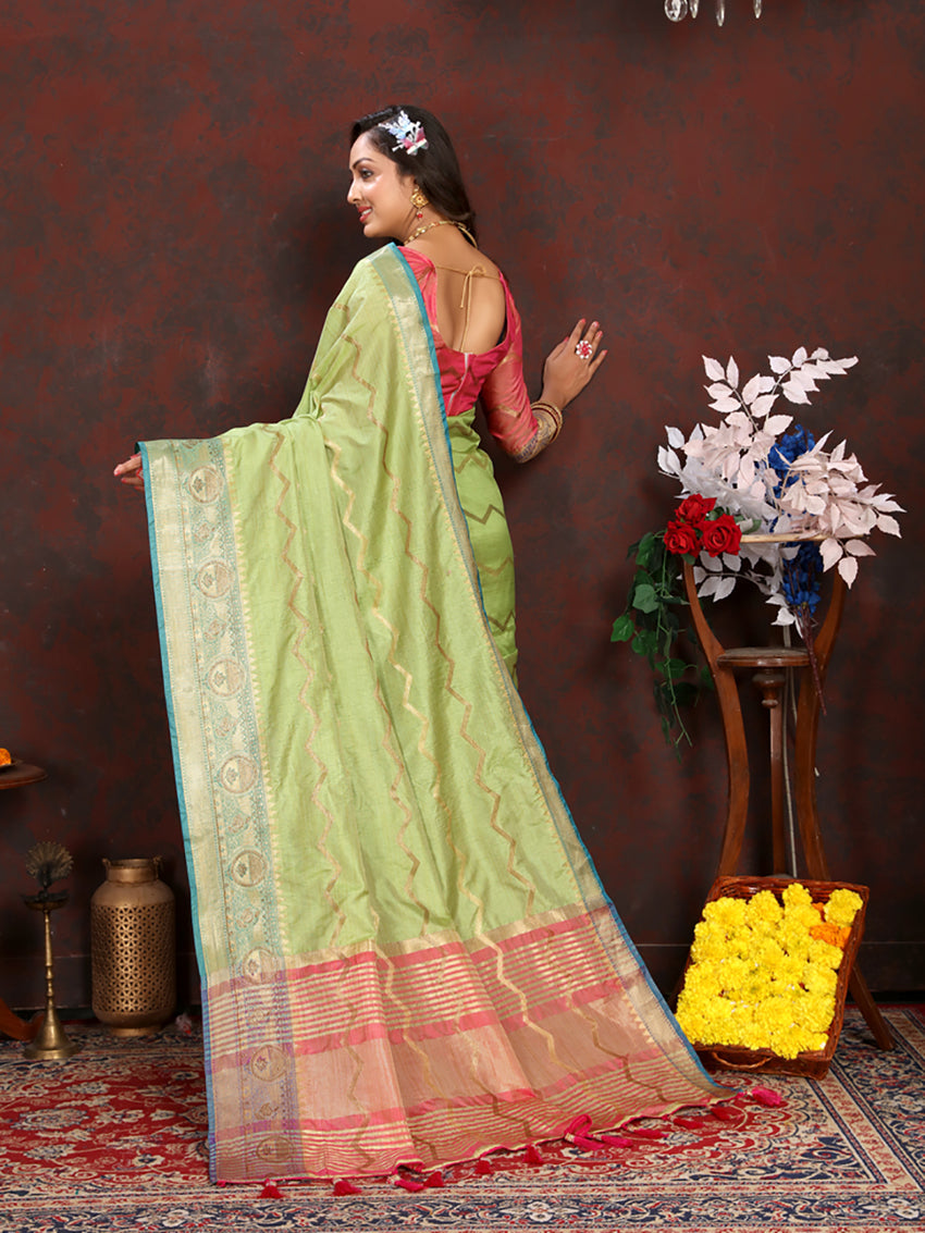 Lorenvalley Fashion Parotgreen Soft Katan Silk Woven Design Zari Weaving Pallu Saree - Swadesiicart