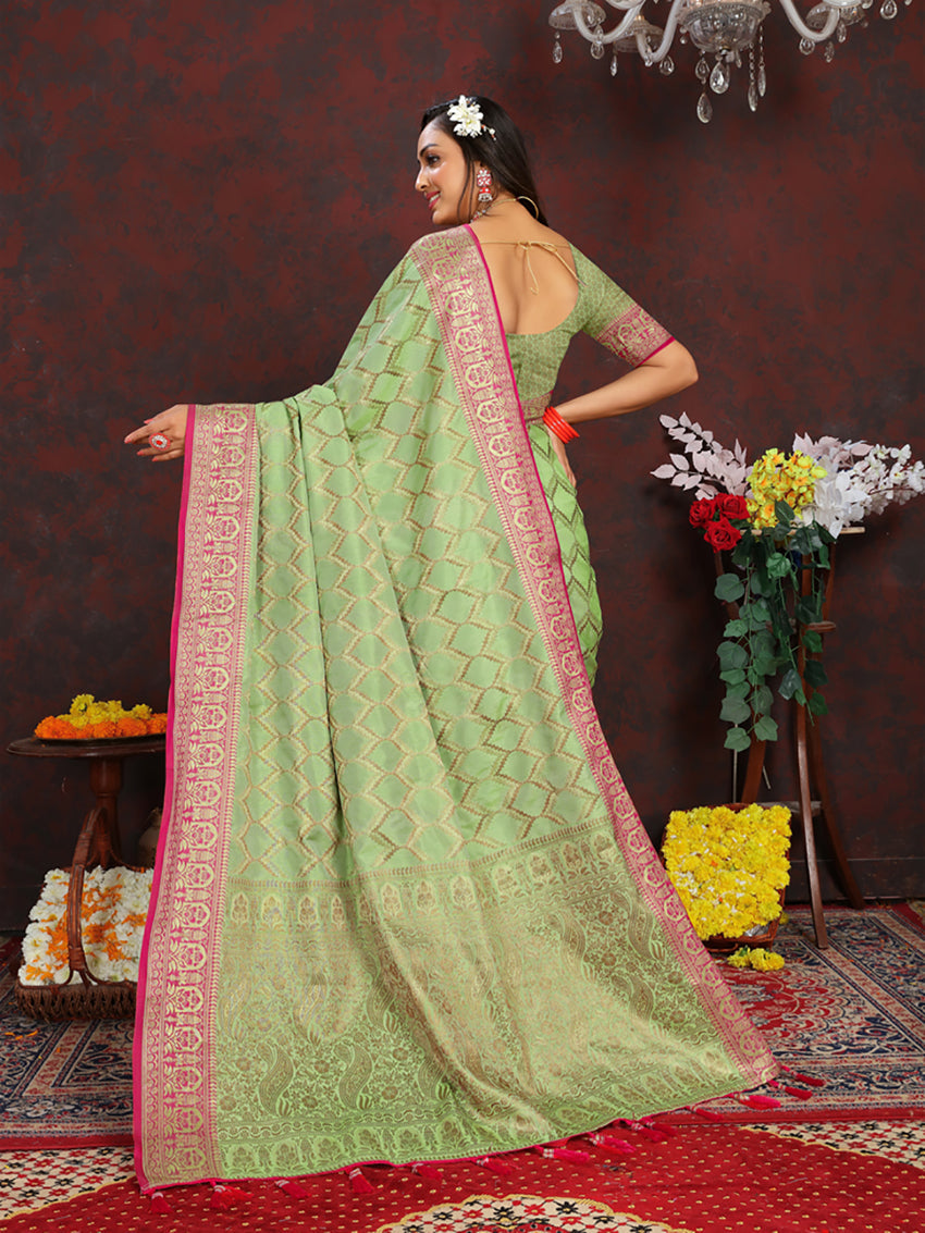 Lorenvalley Fashion Parotgreen Soft Katan Silk Woven Design Rich Zari Weaving Pallu Saree - Swadesiicart