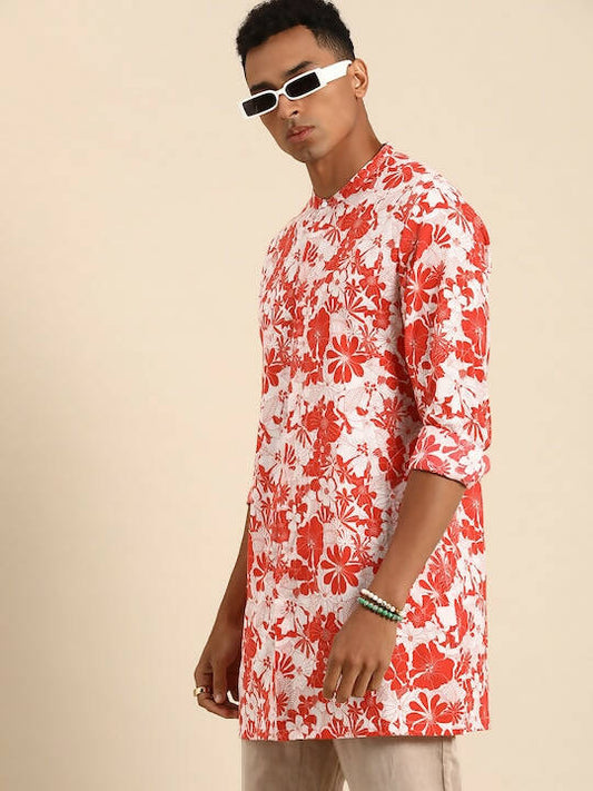 Red & White Men pure Cotton Floral Printed Straight Kurta - Mahotsav | Swadesiicart