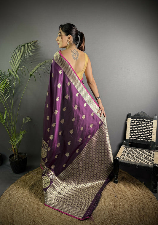 Joban Fashion Wine Banarasi Soft Lichi Silk Paisley Saree | Swadesiicart