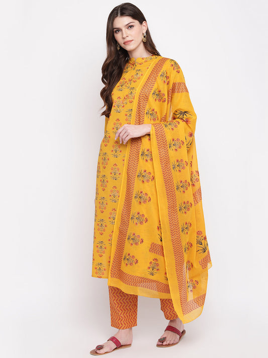 NOZ2TOZ Women Yellow Cotton Kurta With Palazzo & Dupatta (3Pcs Set) - Swadesiicart