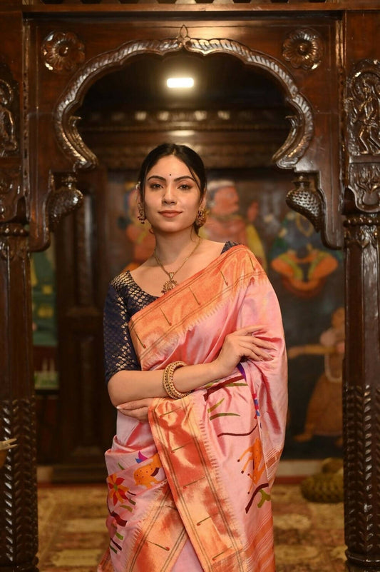 Very Much Indian Pure Silk Intricately Woven Handloom Paithani-Pretty Peach | Swadesiicart