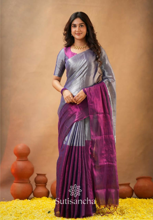 Exclusive Collection Beautiful Gray Magenta Tissue Silk Hand Weaving Handloom Saree With Running Blouse Piece - Swadesiicart