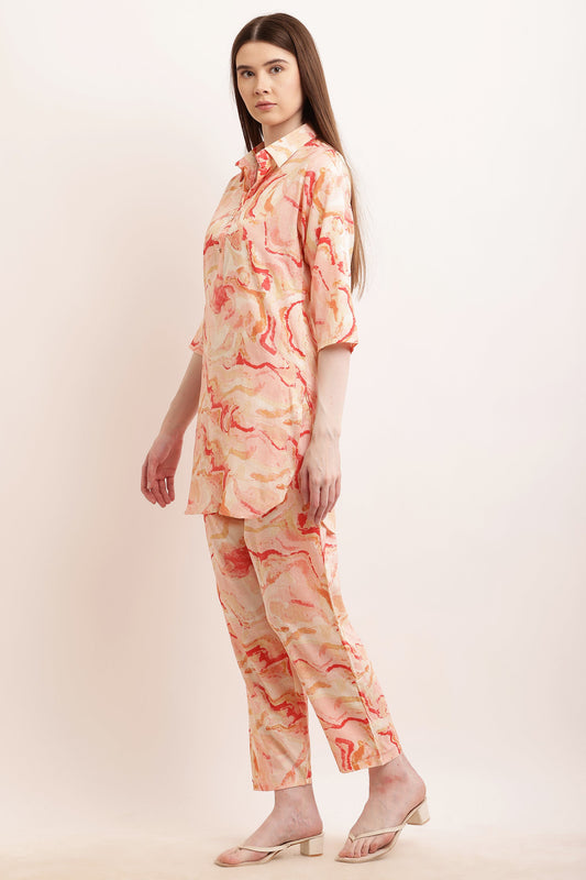 PAVONINE Peach Color Ted-Dye Printed Cord Set For Women - Swadesiicart