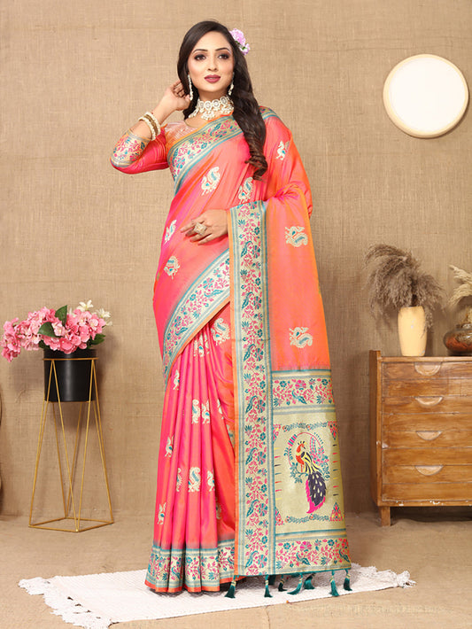 Lorenvalley Fashion Peach Soft Paithani Silk Woven Design Rich Meenakari Zari Weaving Pallu Saree - Swadesiicart