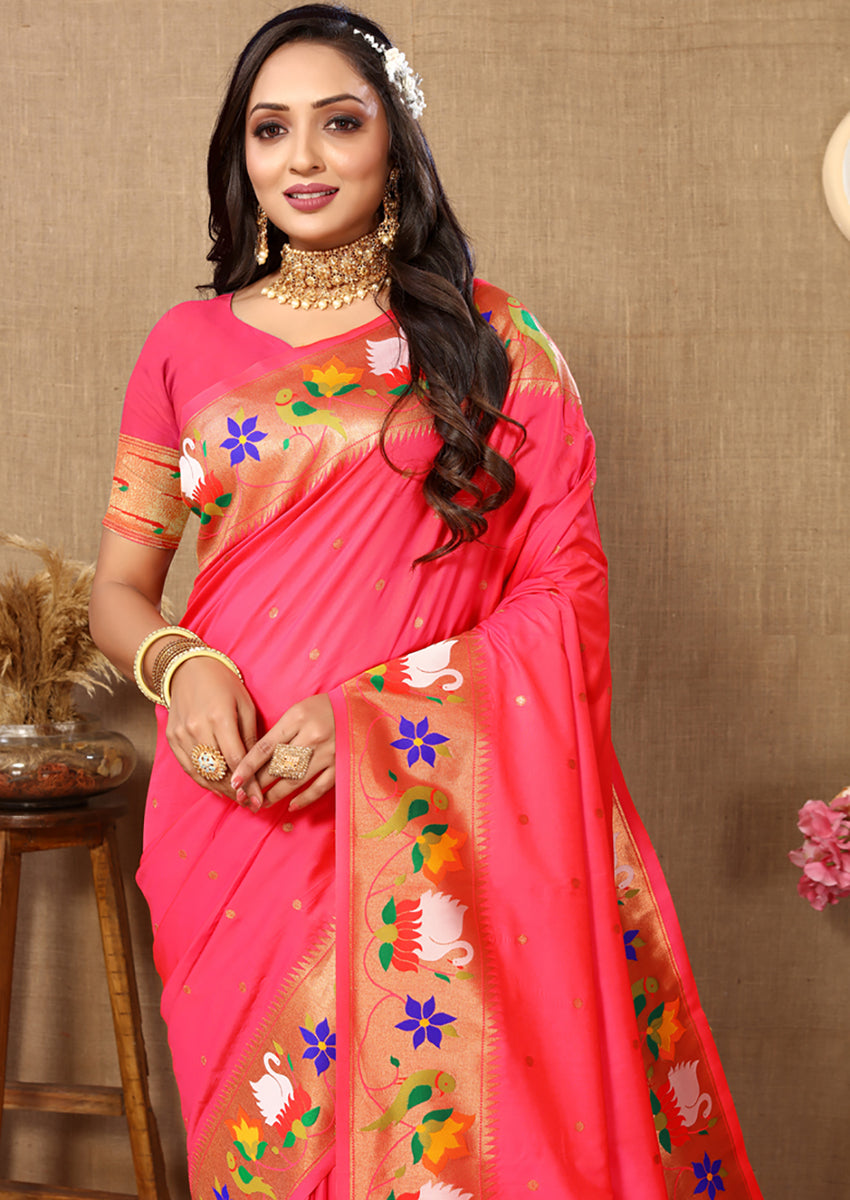 Lorenvalley Fashion Peach Soft Paithani Silk Woven Design Rich Zari Meenakari Weaving Saree - Swadesiicart