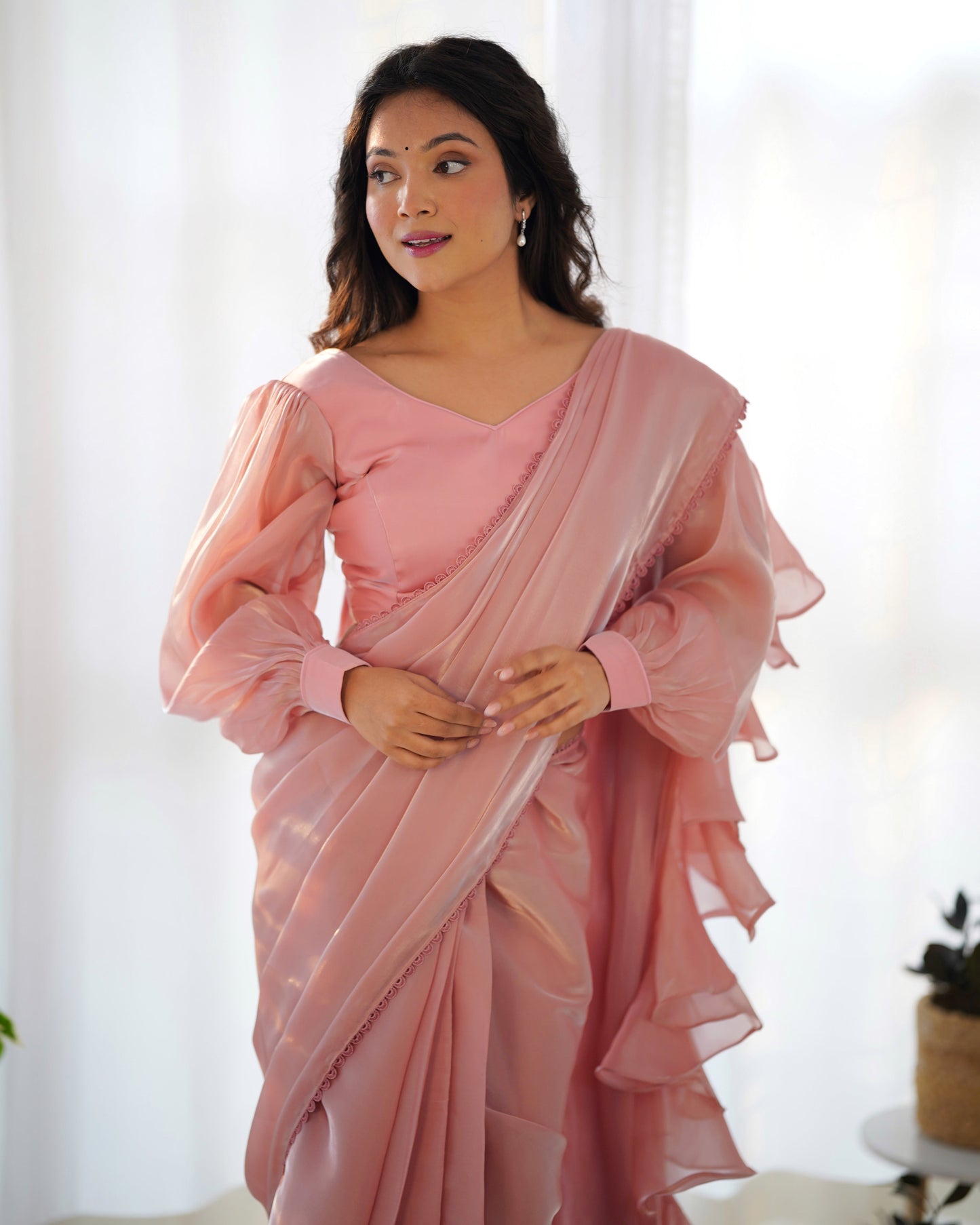 Lorenvalley Ready to wear Jimmy Choo Organza Fabric Border Lace Work Predrapped Saree - Swadesiicart