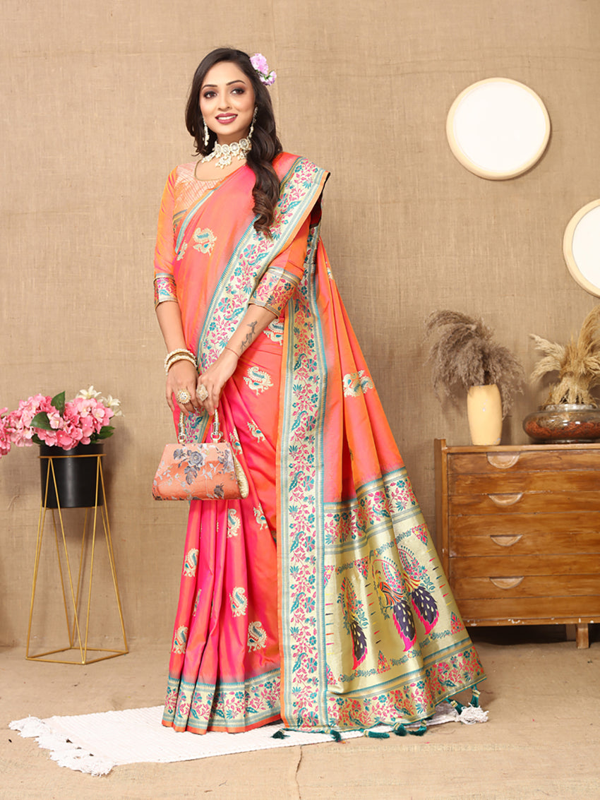 Lorenvalley Fashion Peach Soft Paithani Silk Woven Design Rich Meenakari Zari Weaving Pallu Saree - Swadesiicart