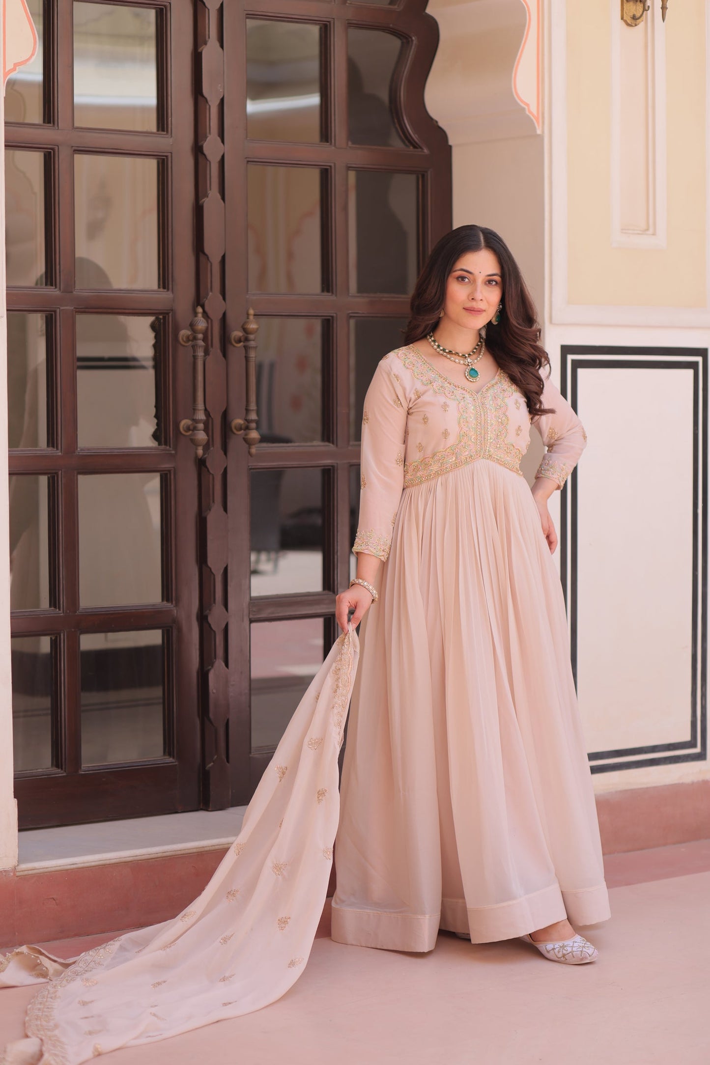 Lorenvalley Fashion Peach Star Georgette with Beads & Sequins Multi Embroidered work Anarkali Gown with Dupatta - Swadesiicart