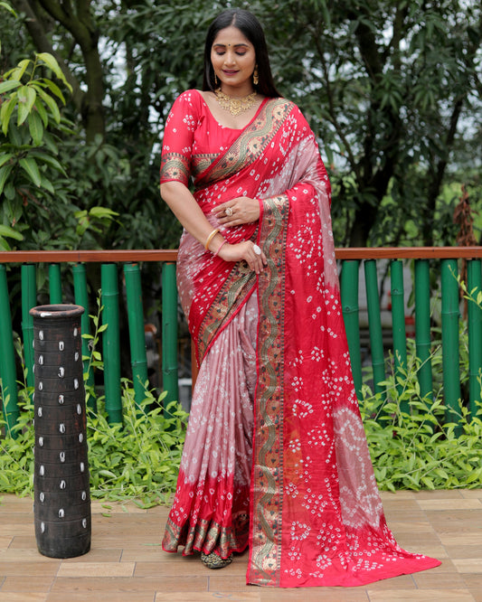 Lorenvalley Premium Pure Bandhej Tapeta Soft light weight silk saree with zari weaving Border - Multicolor - Swadesiicart