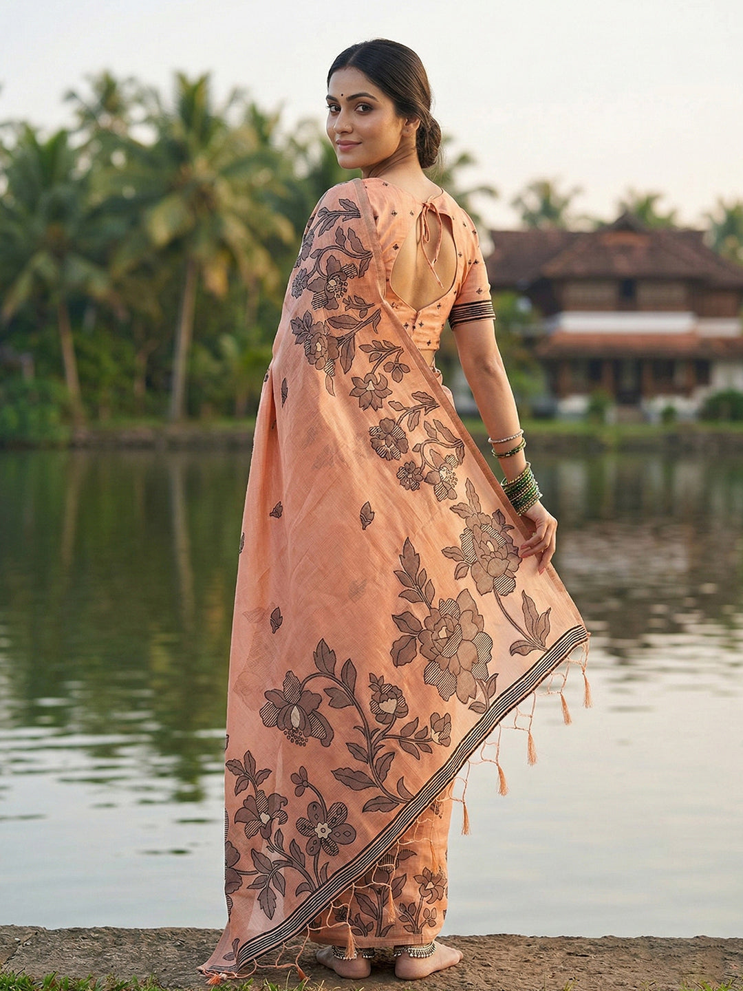 Anaita Peach Linen Printed Saree With Blouse