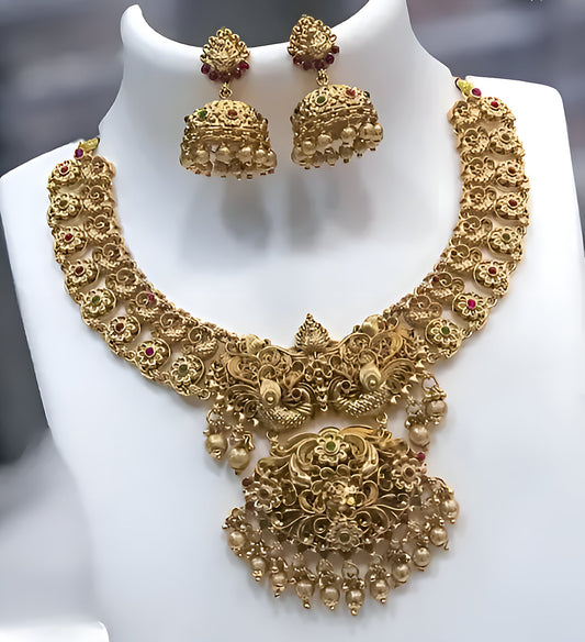 Jewel City Antique Gold-Plated Peacock Design Traditional Temple Choker Pearl Drops & Jhumka Earrings Necklace Jewelry Set | Swadesiicart