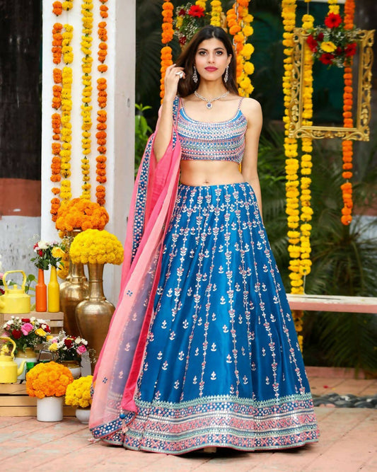 Jyoti Fashion Gorgeous Blue Sequins with Thread & Zari Embroidery Chinon Lehenga Choli with Dupatta | Swadesiicart