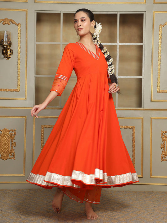 Pomcha Jaipur Orange Saadgi Orange Mirror Work Anarkali Set | Swadesiicart