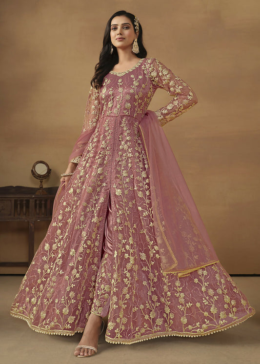 Pant Style Coral Pink Embroidered Net Wedding Anarkali Suit - Emponline | Swadesiicart