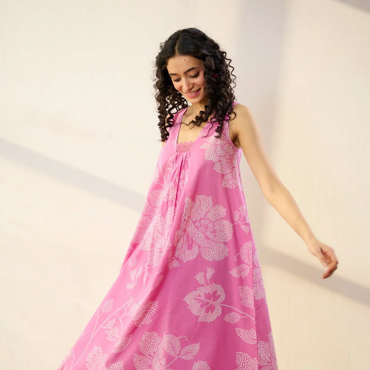 Pimu Women Floral Printed Pleated Pure Cotton Kurta with Palazzos-Pink - Swadesiicart