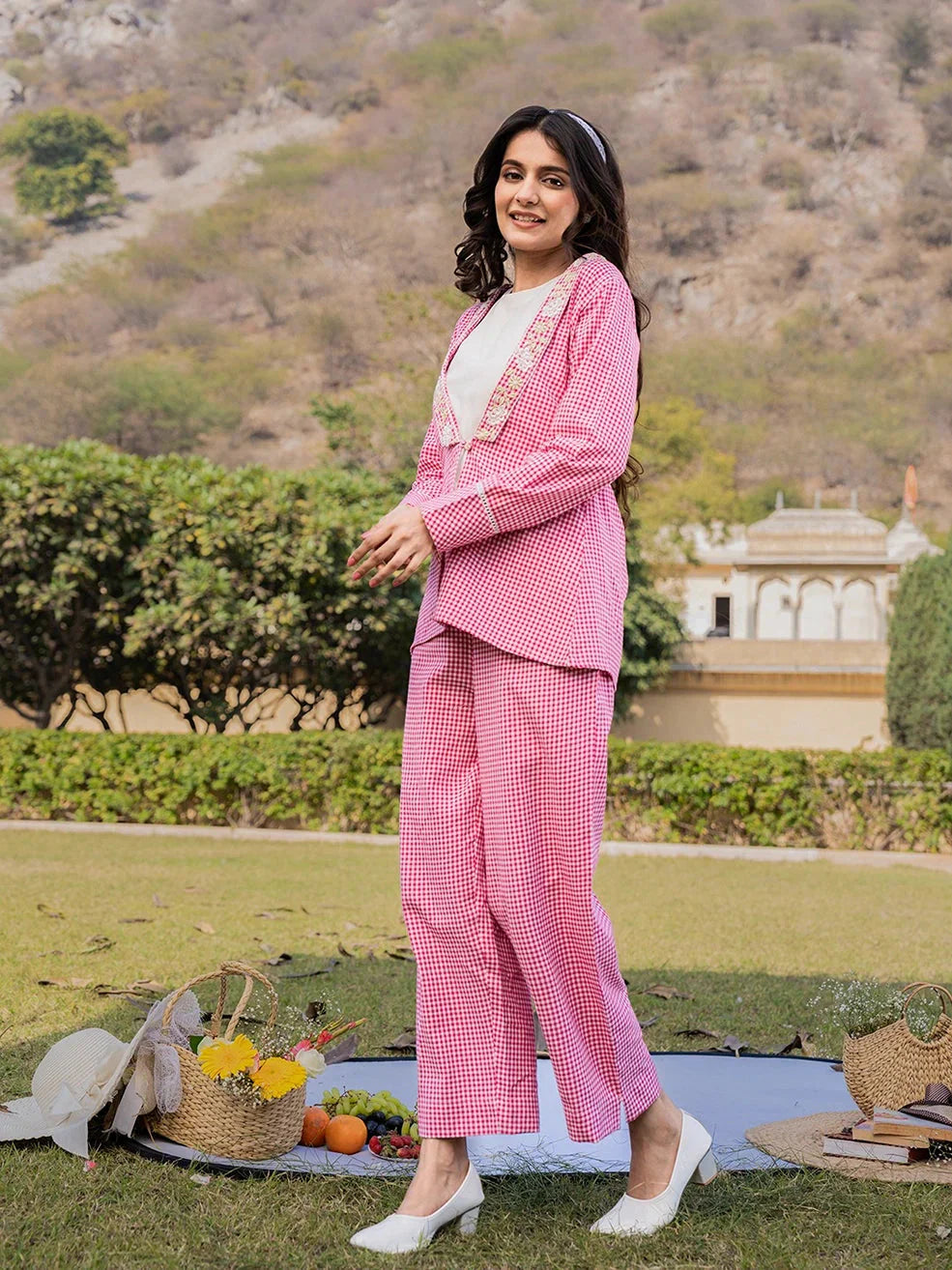 Yufta Pink Cotton Checks Print Shawl Neck Co Ord Set With Embroidery - Swadesiicart