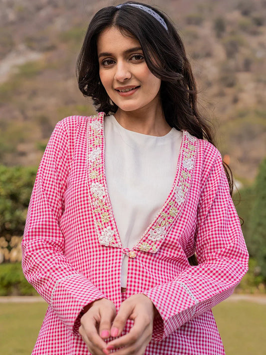 Yufta Pink Cotton Checks Print Shawl Neck Co Ord Set With Embroidery - Swadesiicart