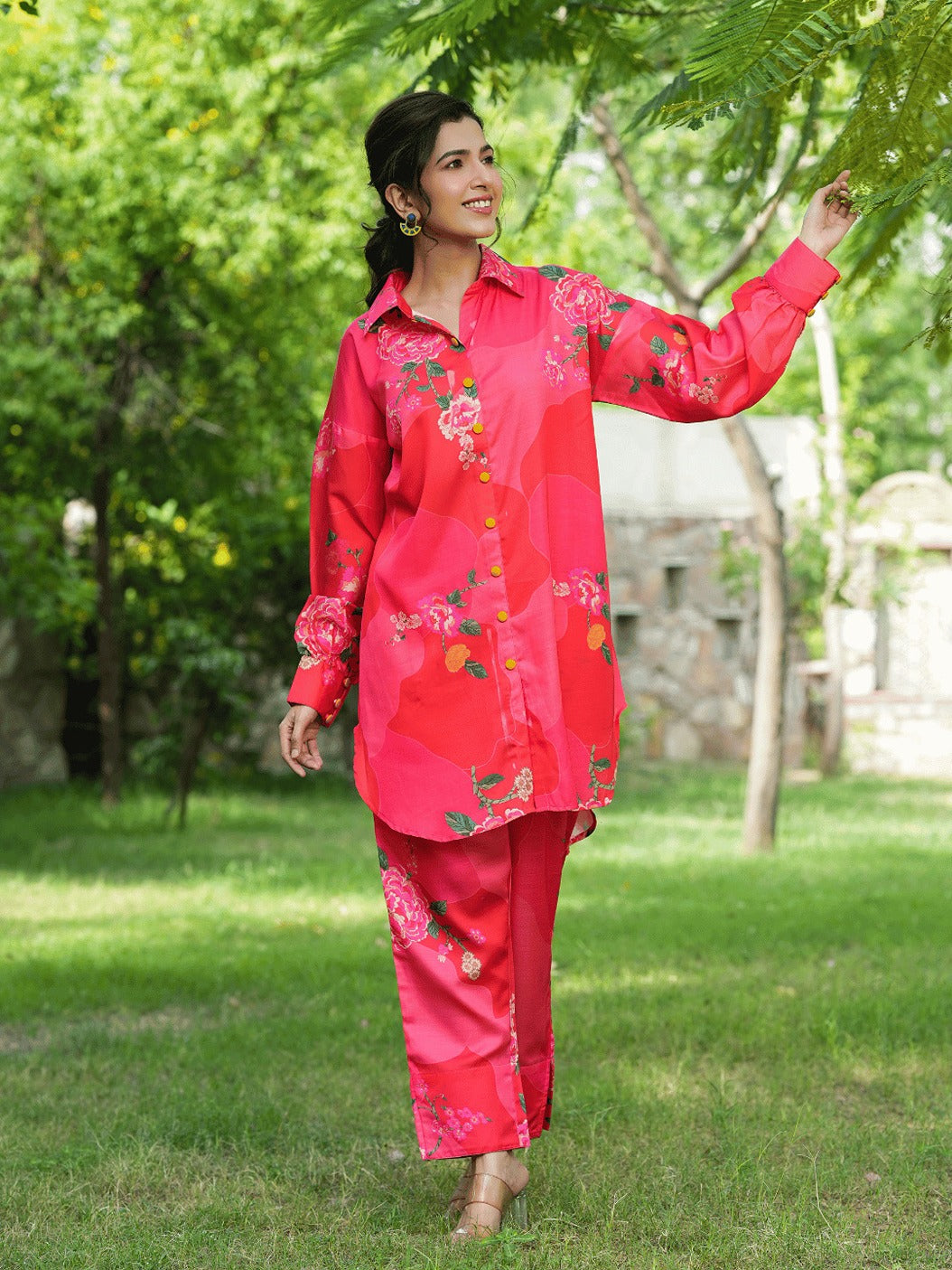 Yufta Pink Printed Shirt with Trousers Co-Ords - Swadesiicart