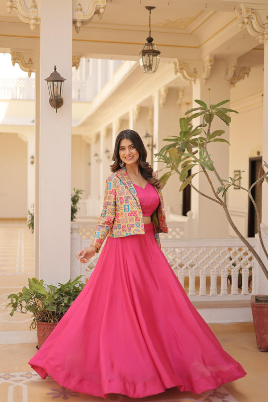 Lorenvalley Pink Premium Chinnon Lehenga Choli with Jacquard Woven Design Koti | Swadesiicart