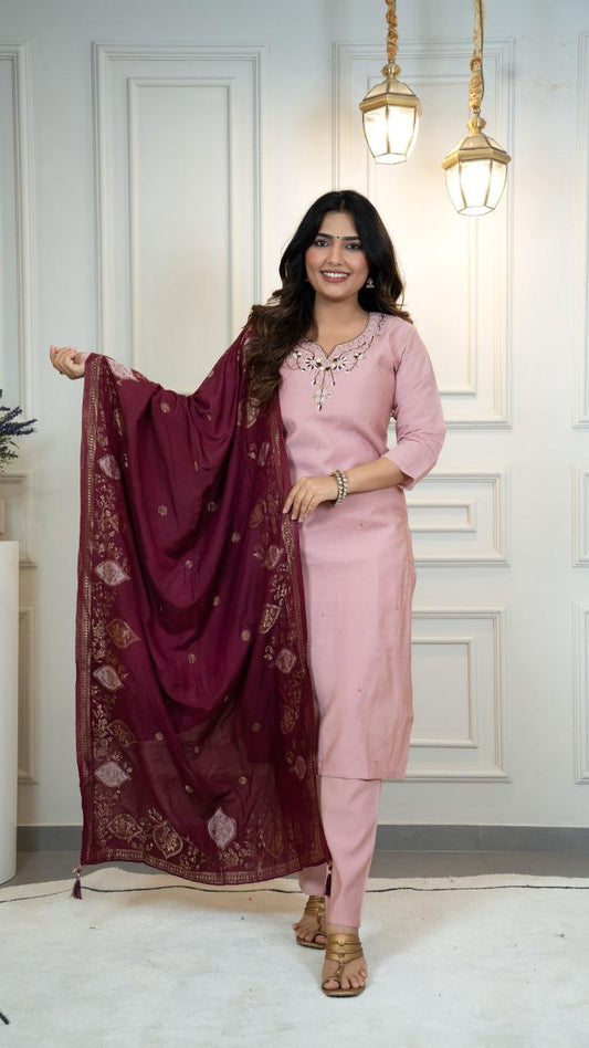 Lorenvalley Fashion Pink Roman Silk Hand Work Kurta Pant with Dupatta - Swadesiicart