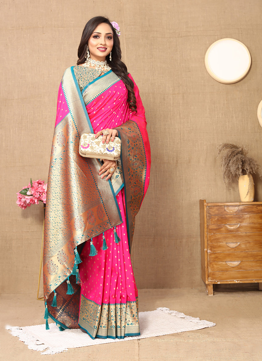 Lorenvalley Fashion Pink Soft Silk weaving Design Rich Zari Weaving Saree - Swadesiicart