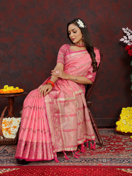 Lorenvalley Fashion Pink Soft Katan Silk Woven Design Zari Weaving Pallu Saree - Swadesiicart