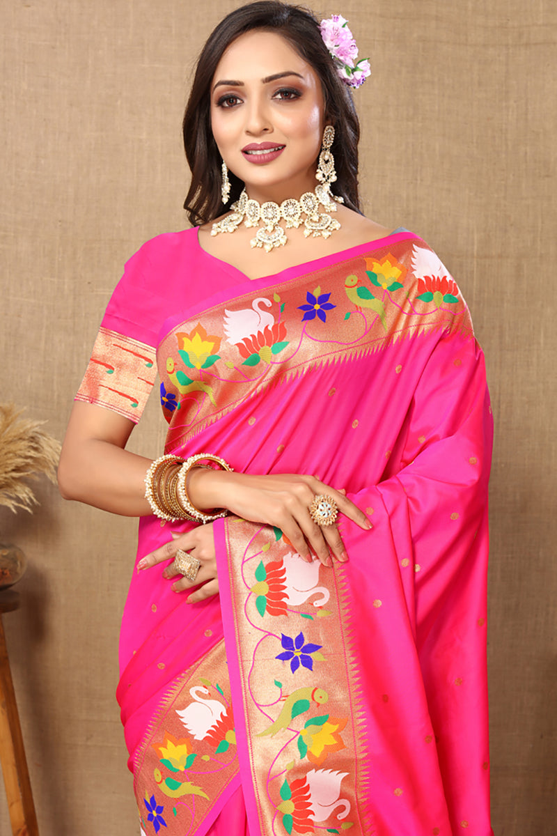 Lorenvalley Fashion Pink Soft Paithani Silk Woven Design Rich Zari Meenakari Weaving Saree - Swadesiicart