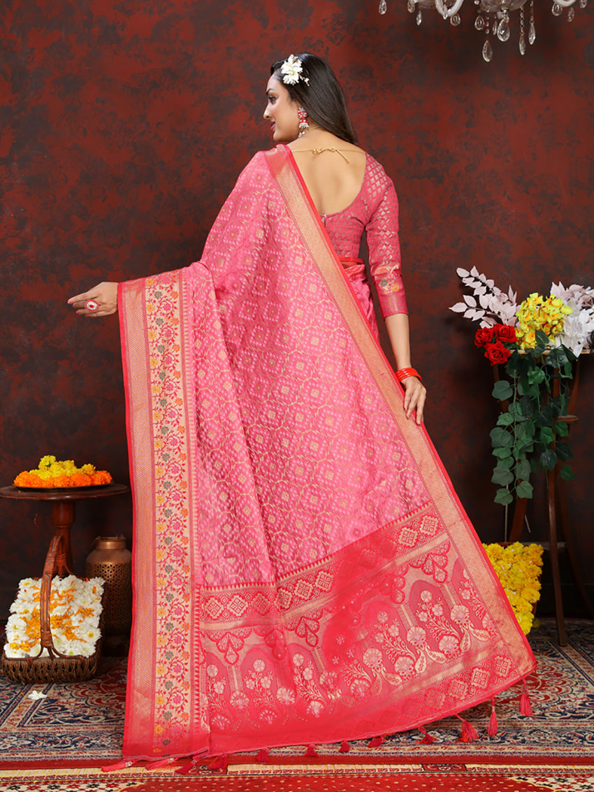 Lorenvalley Fashion Pink Organza Silk Woven Design with Rich Meenakari Weaving Pallu Saree - Swadesiicart