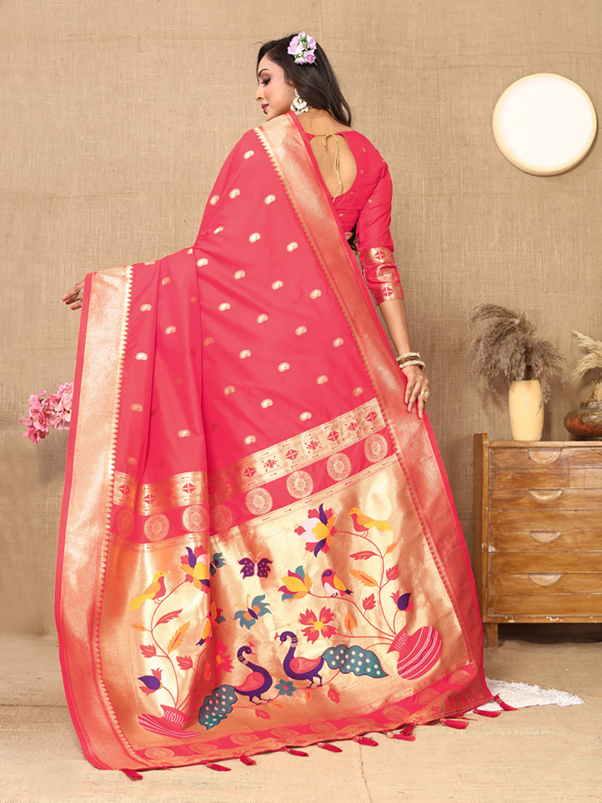 Lorenvalley Fashion Pink Soft Paithani Silk Woven Design Rich Zari Meenakari Weaving Saree - Swadesiicart