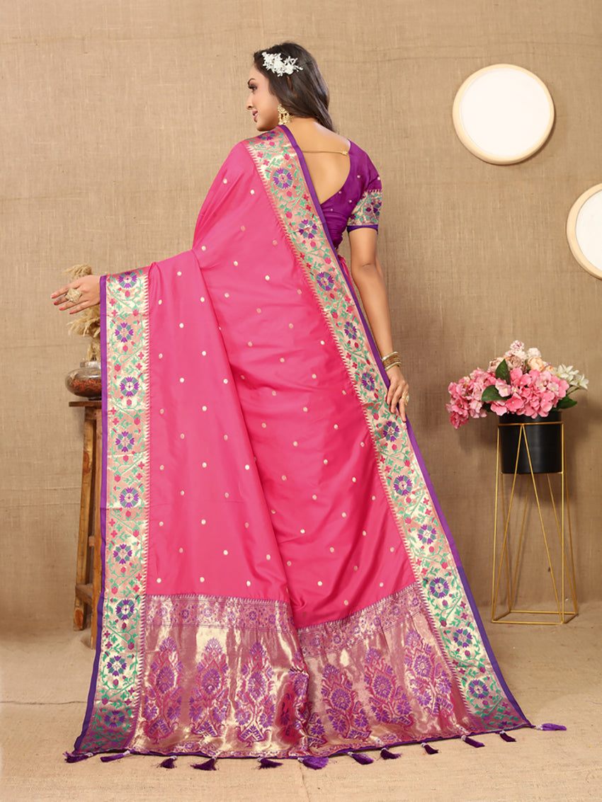 Lorenvalley Fashion Pink Soft Paithani Silk Woven Design Rich Meenakari Zari Weaving Pallu Saree - Swadesiicart