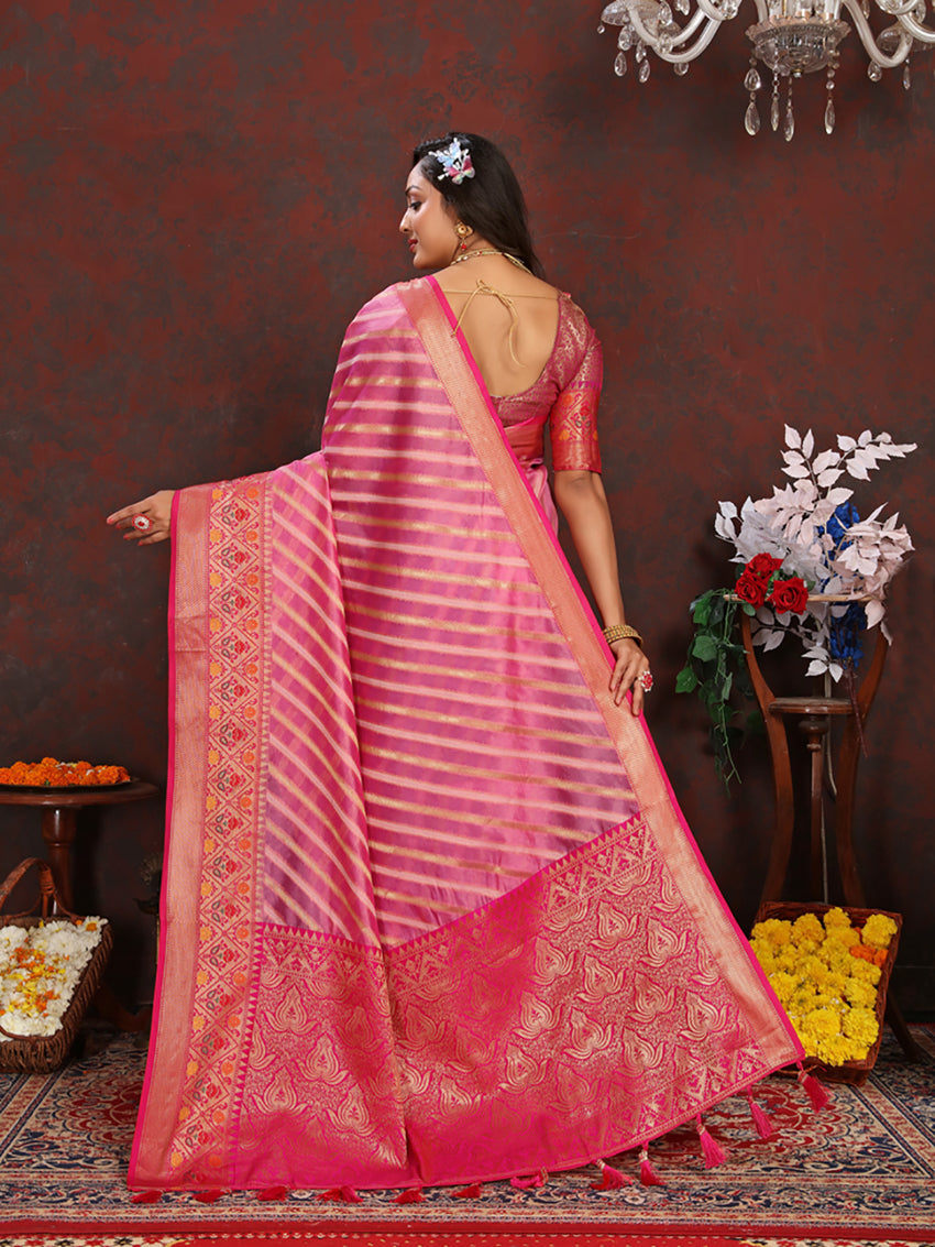 Lorenvalley Fashion Pink Organza Silk Woven Design with Rich Meenakari Weaving Pallu Saree - Swadesiicart