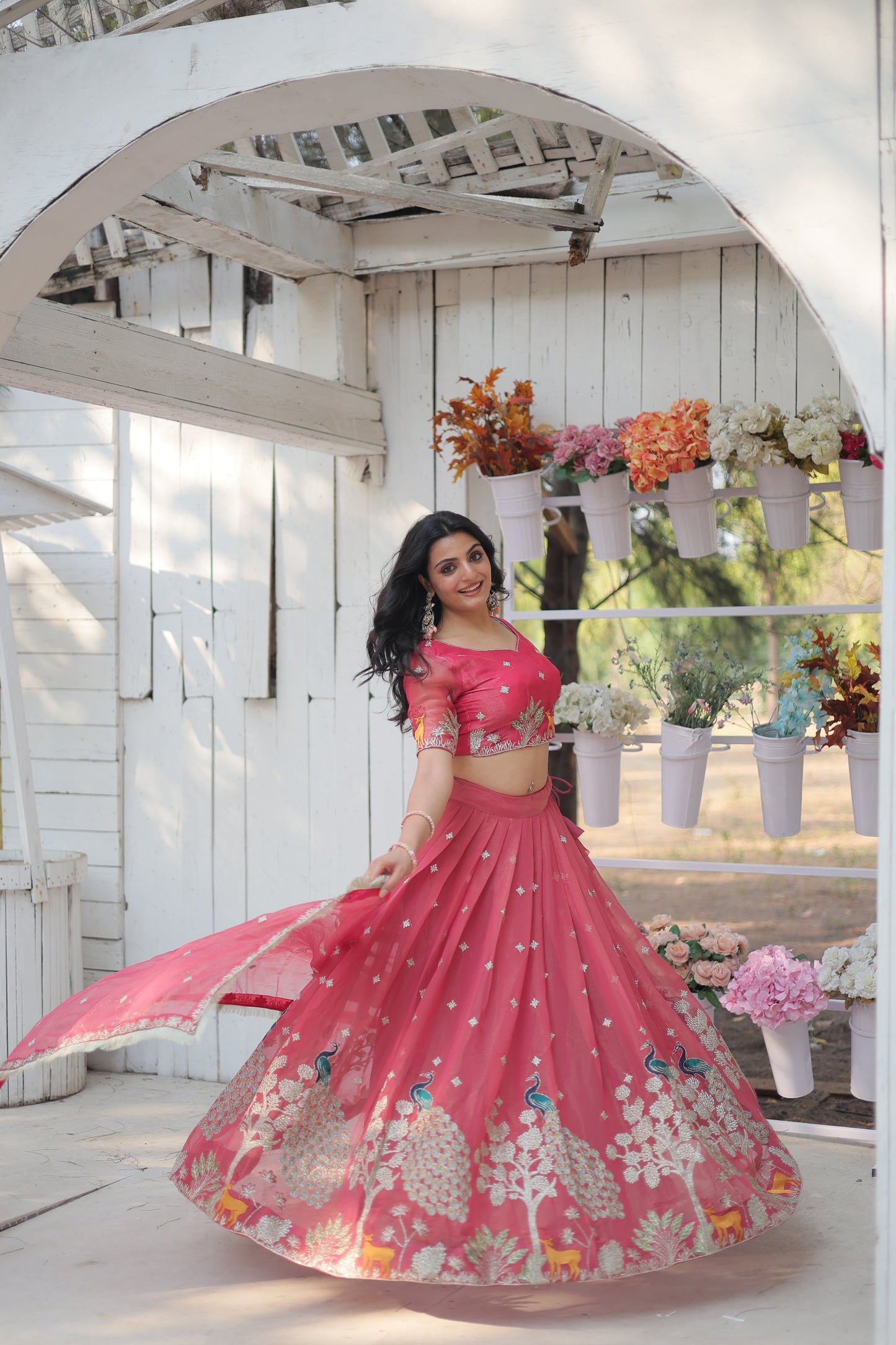 Lorenvalley Pink Gold Coin Fabric with Sequins and Thread Embroidered work Lehenga Choli with Dupatta | Swadesiicart