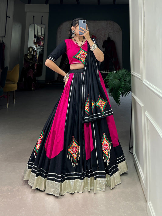 Lorenvalley Pink and Black Plain With Gamthi Patch Work & Gota Patti Lace also cowrie (kodi) lace touch up Lehenga Choli | Swadesiicart