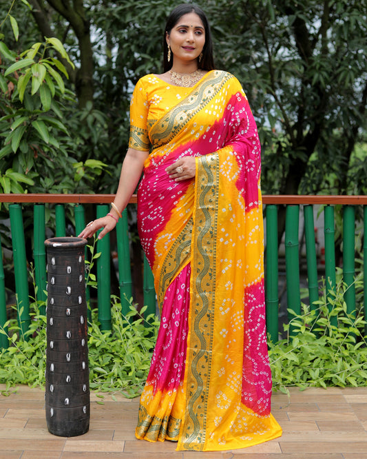 Lorenvalley Premium Pure Bandhej Tapeta Soft light weight silk saree with zari weaving Border - Multicolor - Swadesiicart