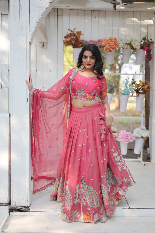 Lorenvalley Pink Gold Coin Fabric with Sequins and Thread Embroidered work Lehenga Choli with Dupatta | Swadesiicart