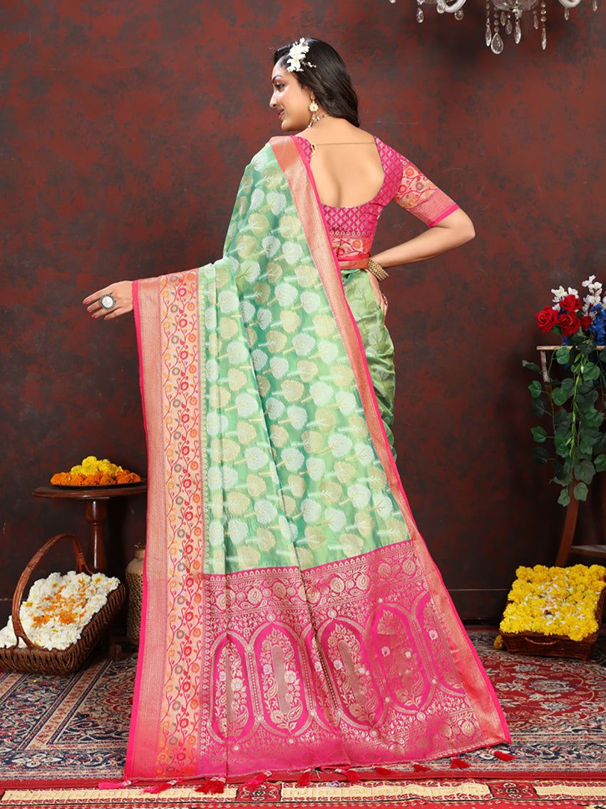 Lorenvalley Fashion Pista Organza Silk Woven Design with Rich Meenakari Weaving Pallu Saree - Swadesiicart