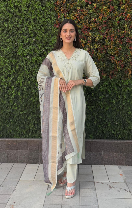Lorenvalley Fashion Pista Roman Silk Hand Work Kurta Pant with Dupatta - Swadesiicart