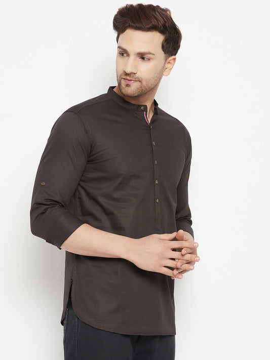 Even Apparels Brown Pure Cotton short Men's Kurta With Band Collar | Swadesiicart