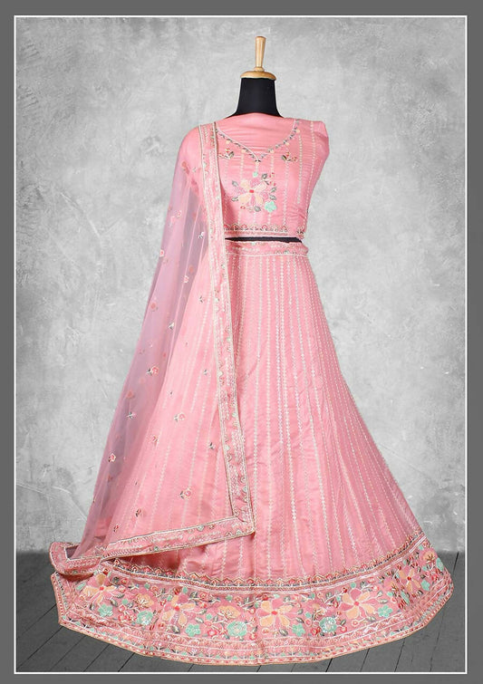 Light Pink Georgette Embroidery & Sequence Work Semi-Stitched Lehenga Choli - Nimaya Kangan | Swadesiicart