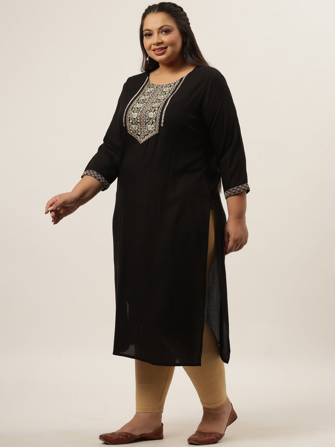 Yufta Black Embroidered Kurta Plus Size Women - Swadesiicart
