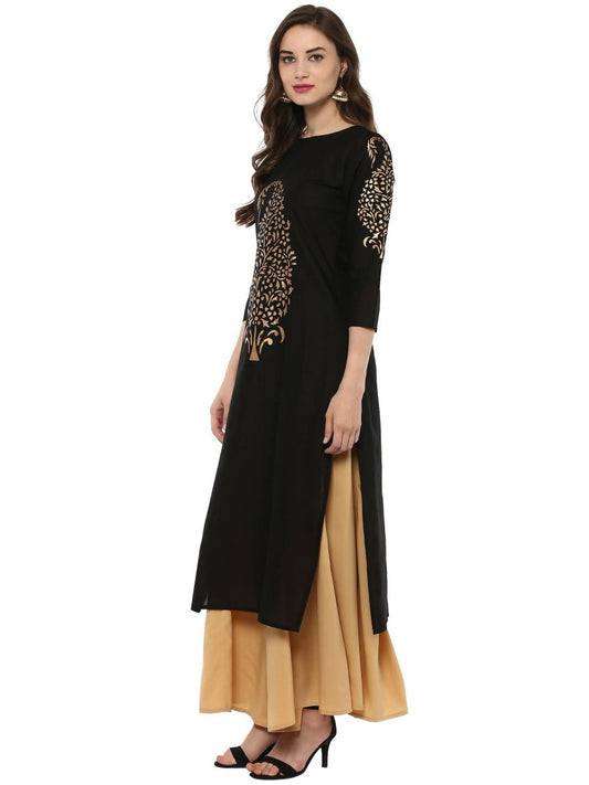 Ahalyaa Black Chanderi Gold Print Kurta | Swadesiicart