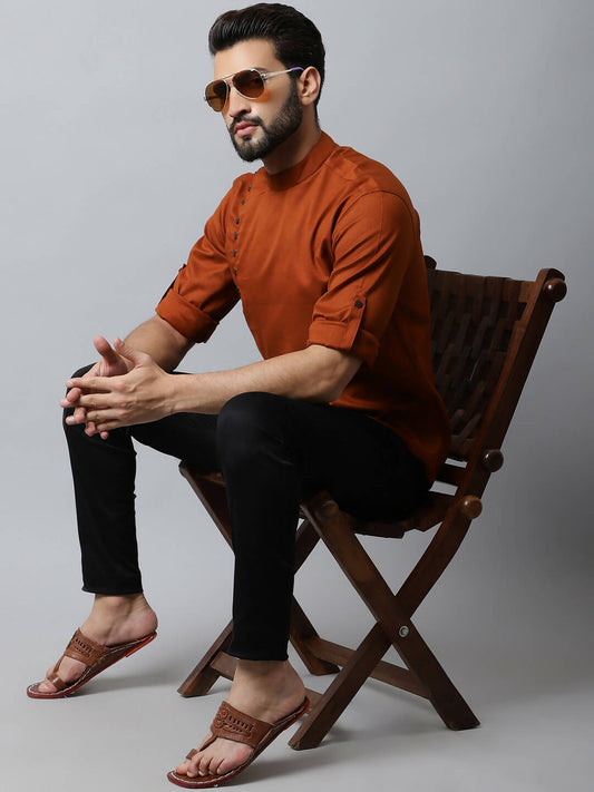 Even Apparels Brown Color Linen Pure Cotton Men's Kurta With Side Placket (SLD1137) | Swadesiicart