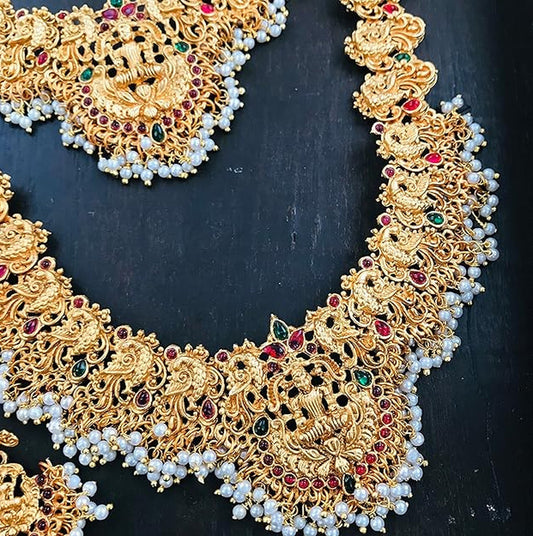 Jewel City Gold-Plated Traditional Goddess Lakshmi Temple Jewellery Bridal Set with Ruby Stone Long Haram Double Necklace Set | Swadesiicart