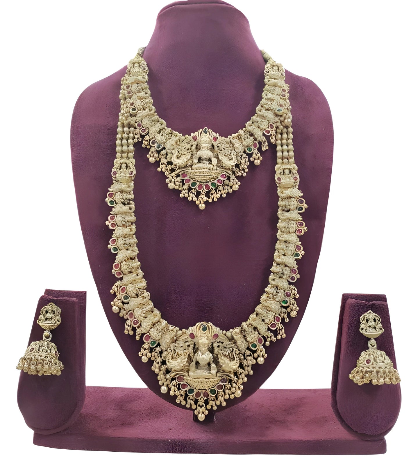 Jewel City Premium Goddess Lakshmi Temple Jewelry Long Necklace Set- Antique Gold Bridal Haaram with Multi-Colored Gemstone Accents | Swadesiicart