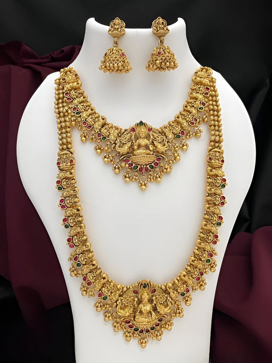 Jewel City Premium Goddess Lakshmi Temple Jewelry Long Necklace Set- Antique Gold Bridal Haaram with Multi-Colored Gemstone Accents | Swadesiicart