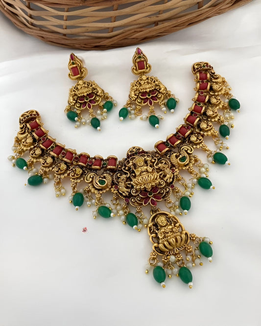 Jewel City Luxurious Lakshmi Goddess Temple Jewelry Necklace Set - Antique Gold with Emerald Green and Ruby Red Gemstones | Swadesiicart