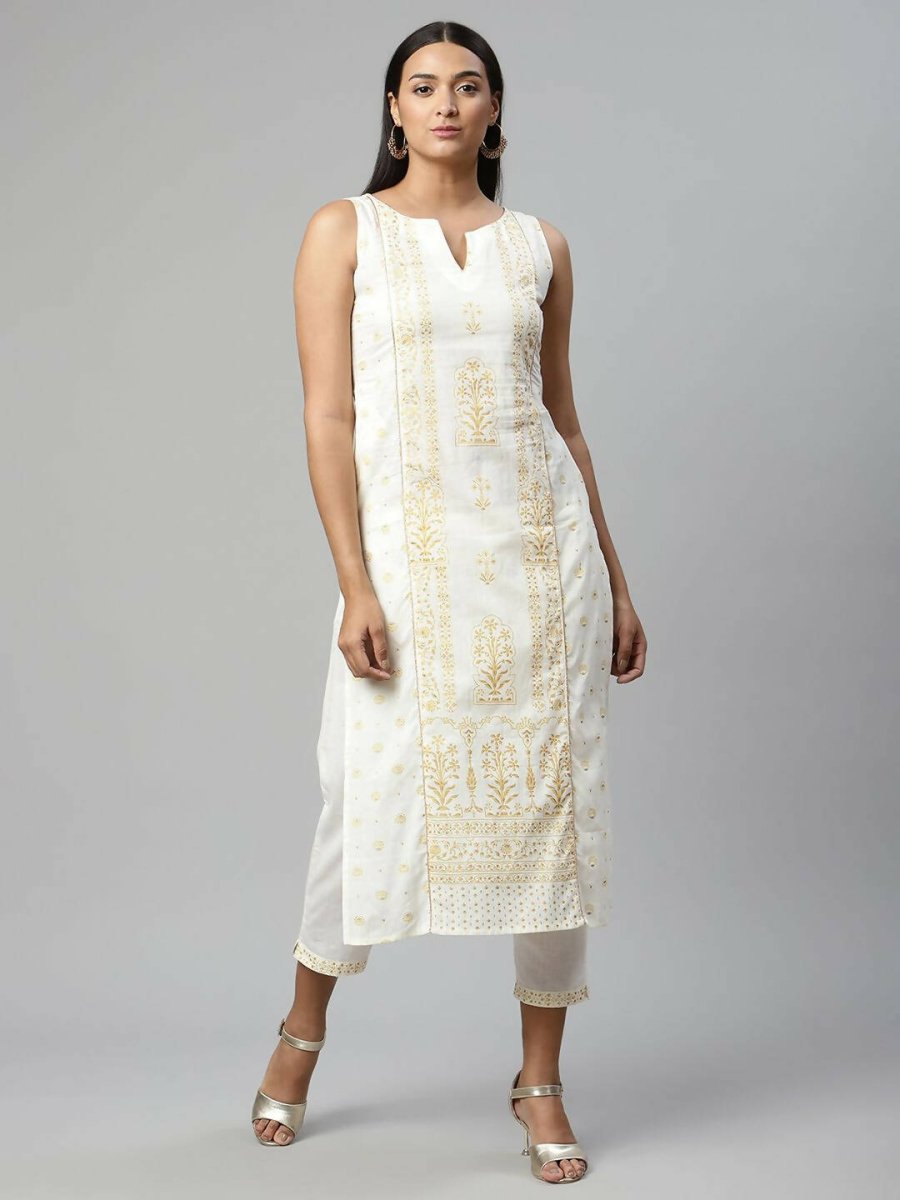 Ahalyaa Womens Off White Pure Cotton Printed Kurta Pant Set | Swadesiicart