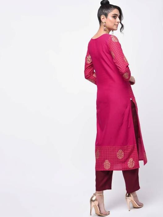 Aniyah Cotton Block Printed Pink Color Straight Kurta (AN-136K) - Swadesiicart